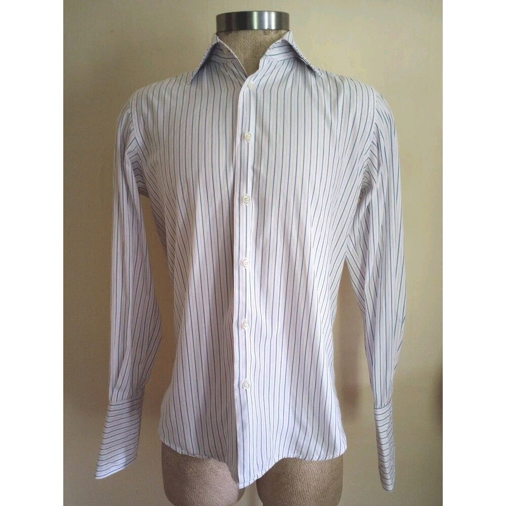 Luciano Barbera Shirt Mens 38-15 Blue Pink Stripe Italy Cotton